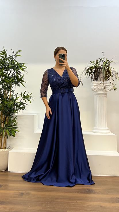 Navy Blue V-Neck Embroidered Satin Plus Size Dress