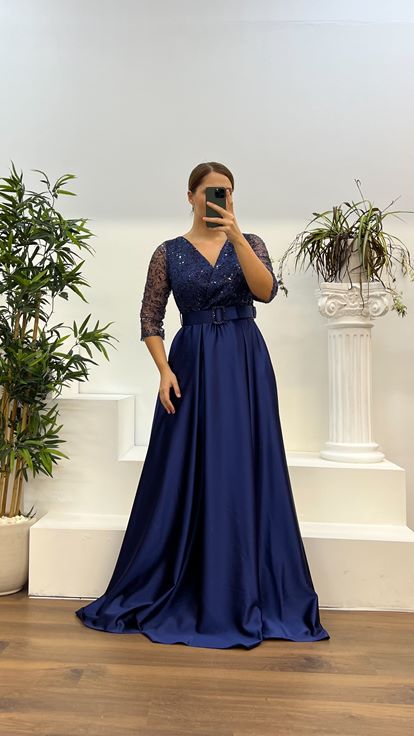 Navy Blue V-Neck Embroidered Satin Plus Size Dress