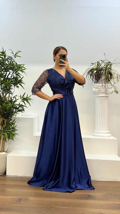 Navy Blue V-Neck Embroidered Satin Plus Size Dress