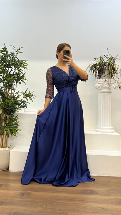 Navy Blue V-Neck Embroidered Satin Plus Size Dress