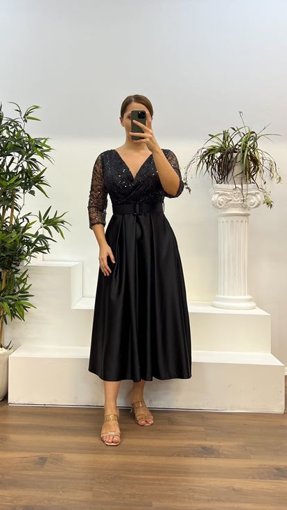 Black V-Neck Embroidered Midi Length Satin Plus Size Dress