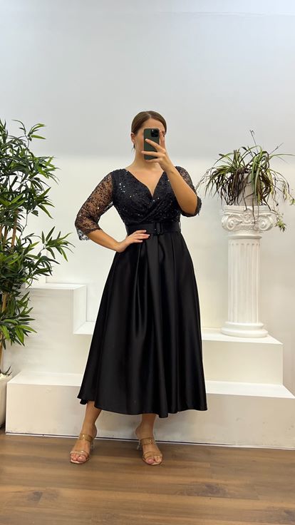 Black V-Neck Embroidered Midi Length Satin Plus Size Dress