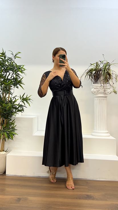 Black V-Neck Embroidered Midi Length Satin Plus Size Dress