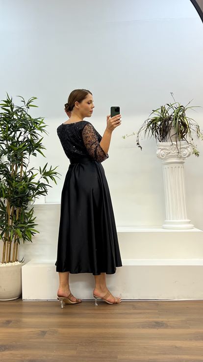 Black V-Neck Embroidered Midi Length Satin Plus Size Dress