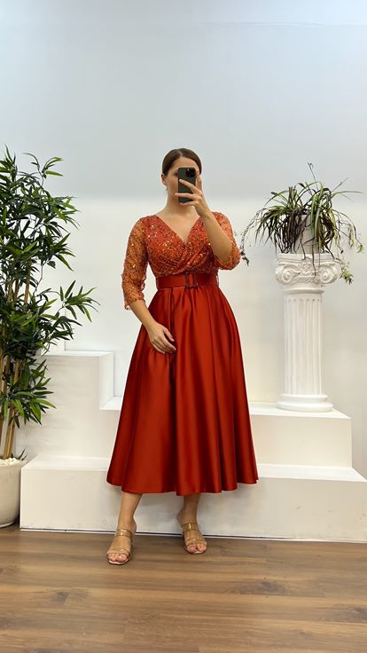 Copper V-Neck Embroidered Midi Length Satin Plus Size Dress