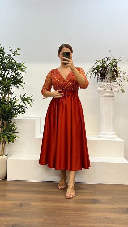 Copper V-Neck Embroidered Midi Length Satin Plus Size Dress
