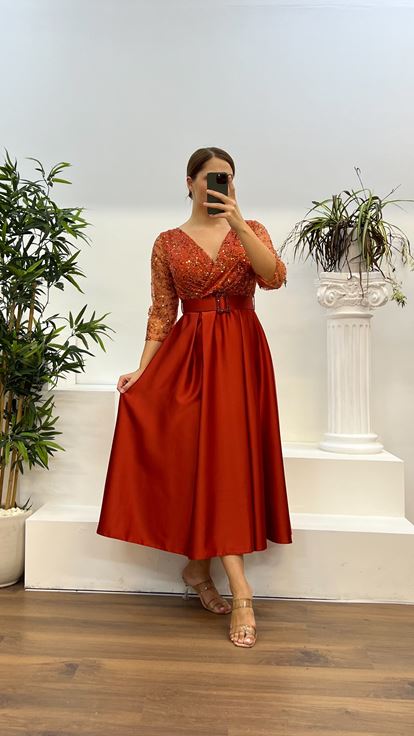 Copper V-Neck Embroidered Midi Length Satin Plus Size Dress