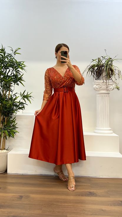 Copper V-Neck Embroidered Midi Length Satin Plus Size Dress