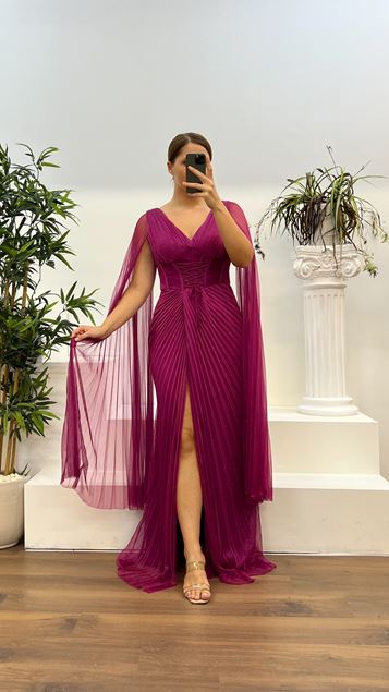 Fuchsia V-Neck Back Detail Pleated Plus Size Evening Dress