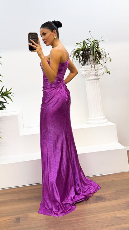 Fuchsia One Shoulder Embroidery Detail Evening Dress