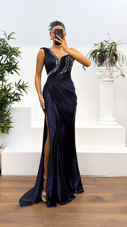 Lacivert Tek Omuz İşleme Detay Abiye Elbise