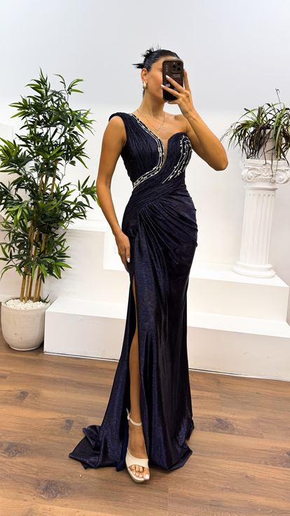 Lacivert Tek Omuz İşleme Detay Abiye Elbise