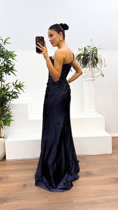 Lacivert Tek Omuz İşleme Detay Abiye Elbise