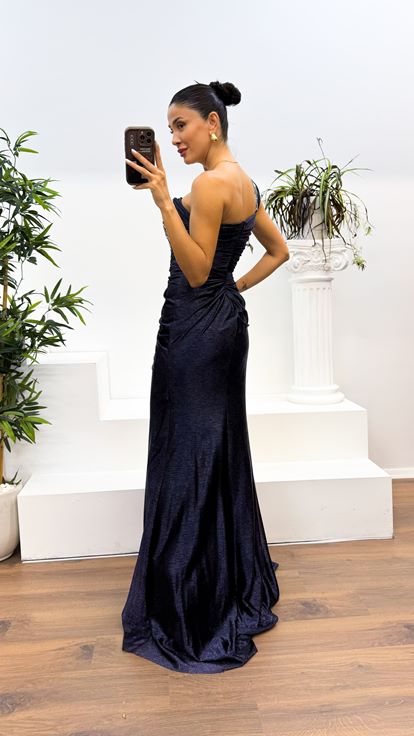 Lacivert Tek Omuz İşleme Detay Abiye Elbise