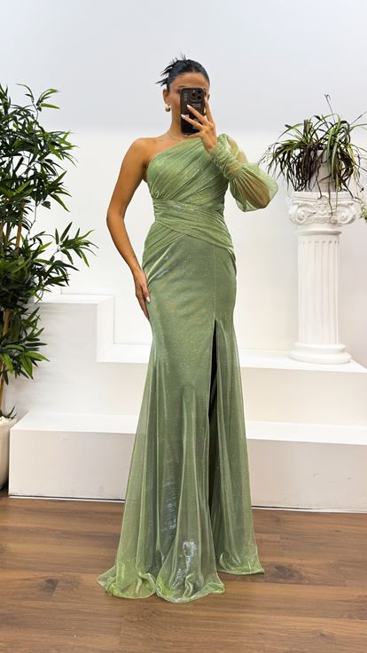 Mint Green Single Sleeve Glittery Tulle Evening Dress