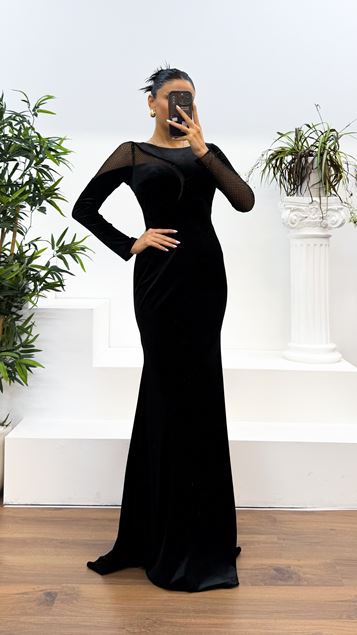 Black Transparent Detailed Velvet Evening Dress