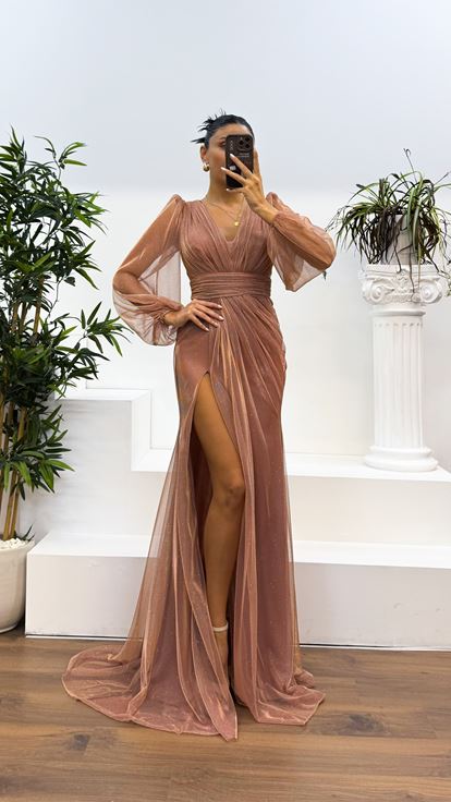 Robe de soirée argentée à manches longues et col en V Dusty Rose