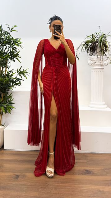 Red V-Neck Back Detail Pleated Evening Dress