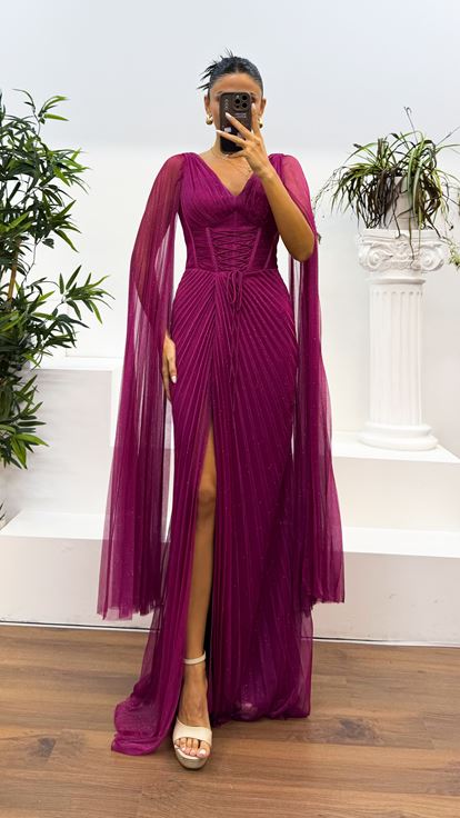 Fuchsia V-Neck Back Detail Pleated Evening Dress