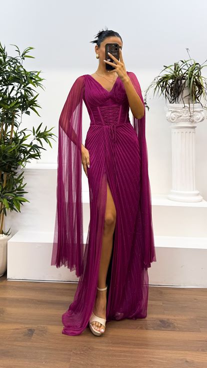Fuchsia V-Neck Back Detail Pleated Evening Dress