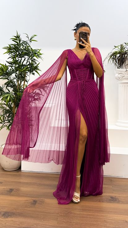 Fuchsia V-Neck Back Detail Pleated Evening Dress