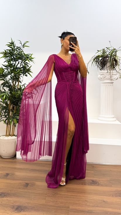 Fuchsia V-Neck Back Detail Pleated Evening Dress