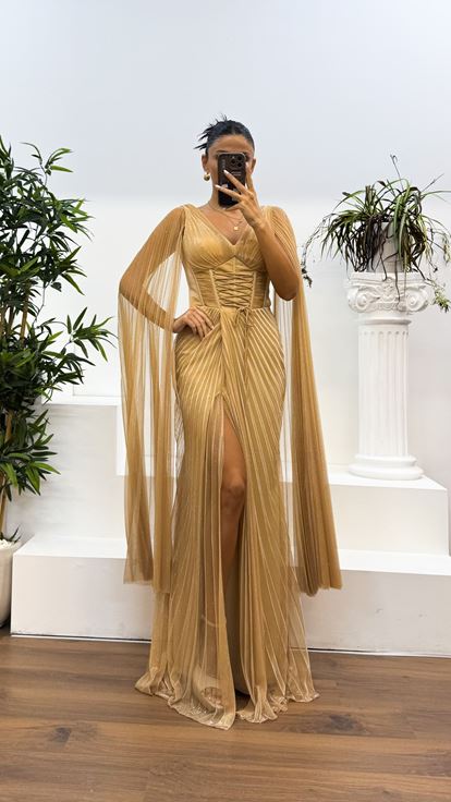 Gold V-Neck Back Detail Pleated Evening Dress