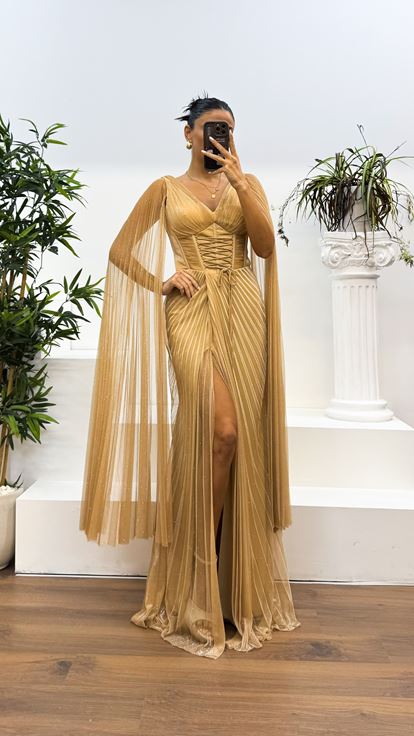 Gold V-Neck Back Detail Pleated Evening Dress