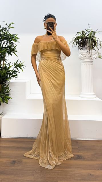 Gold Strapless Pleated Glitter Evening Dress
