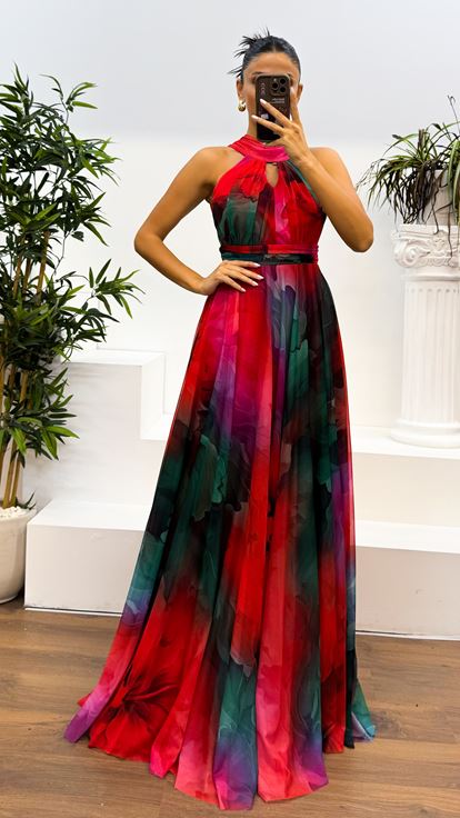 Red Chiffon Dress with Neck Detail Pattern