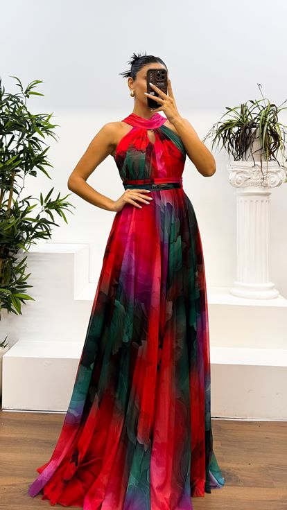 Red Chiffon Dress with Neck Detail Pattern