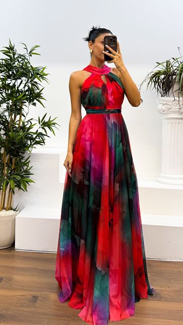 Red Neck Detailed Patterned Chiffon Dress