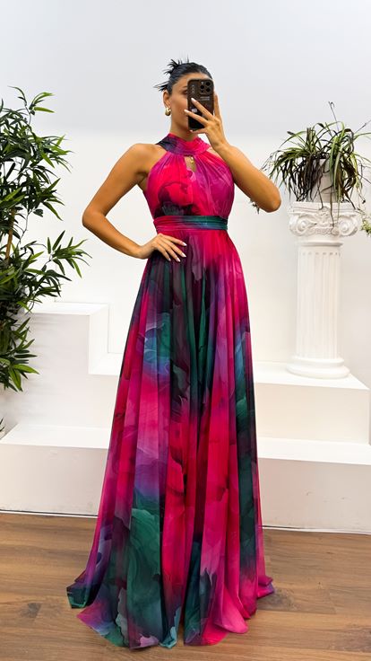 Neck Detail Patterned Chiffon Dress