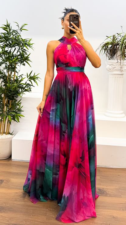 Neck Detail Patterned Chiffon Dress