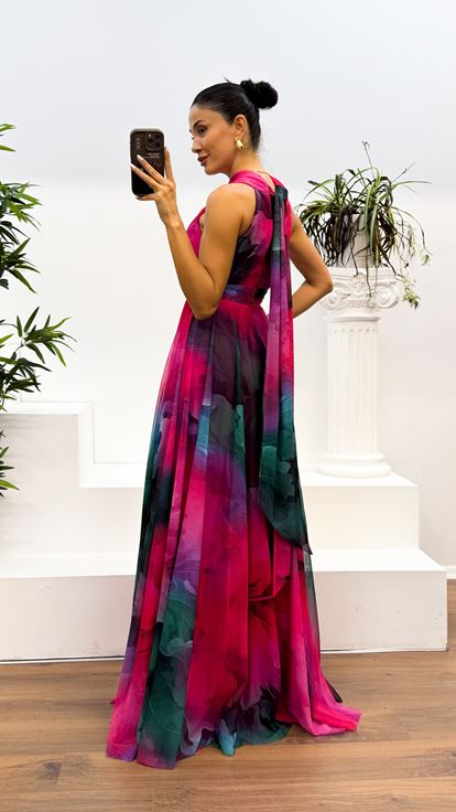 Neck Detail Patterned Chiffon Dress