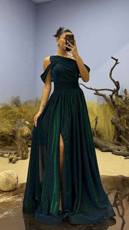 Emerald One Shoulder Glittery Tulle Evening Dress