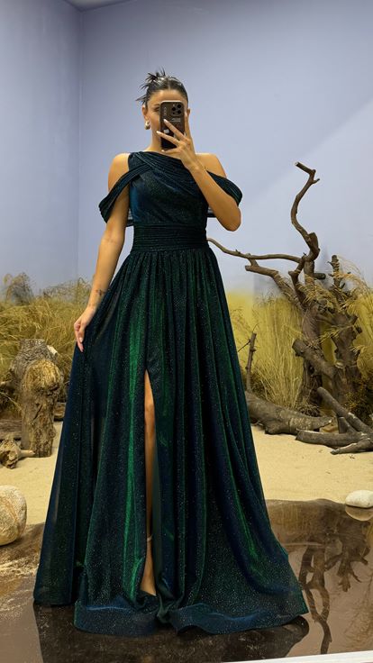 Emerald One Shoulder Glittery Tulle Evening Dress