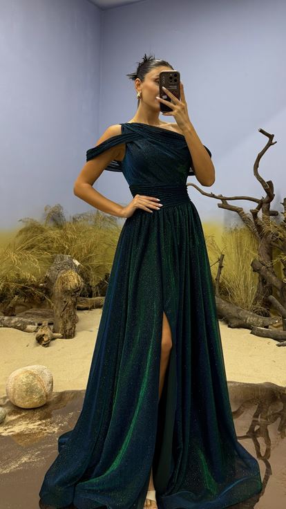 Emerald One Shoulder Glittery Tulle Evening Dress