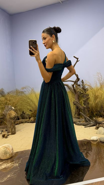 Emerald One Shoulder Glittery Tulle Evening Dress