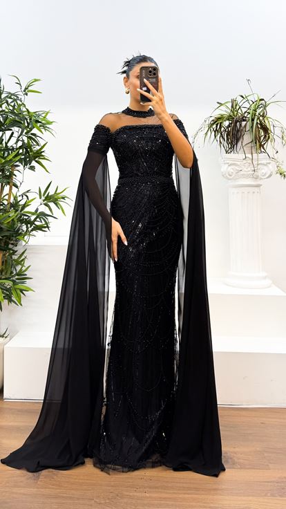 Black Transparent Collar Embroidered Design Evening Dress