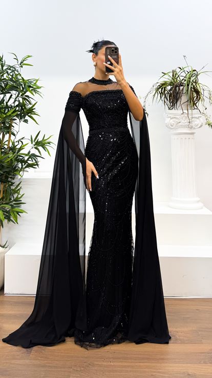 Black Transparent Collar Embroidered Design Evening Dress