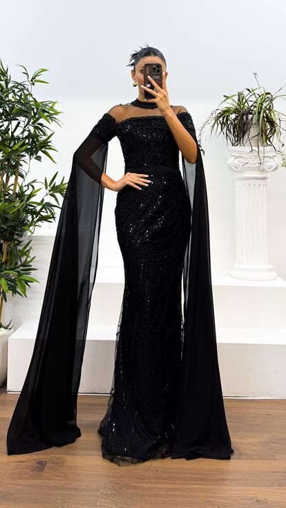 Black Transparent Collar Embroidered Design Evening Dress
