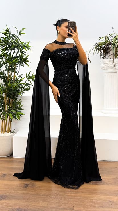 Black Transparent Collar Embroidered Design Evening Dress