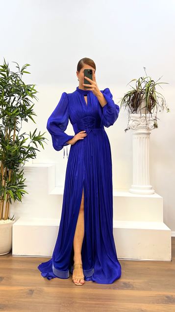 Saks Long Sleeve Draped Plus Size Evening Dress