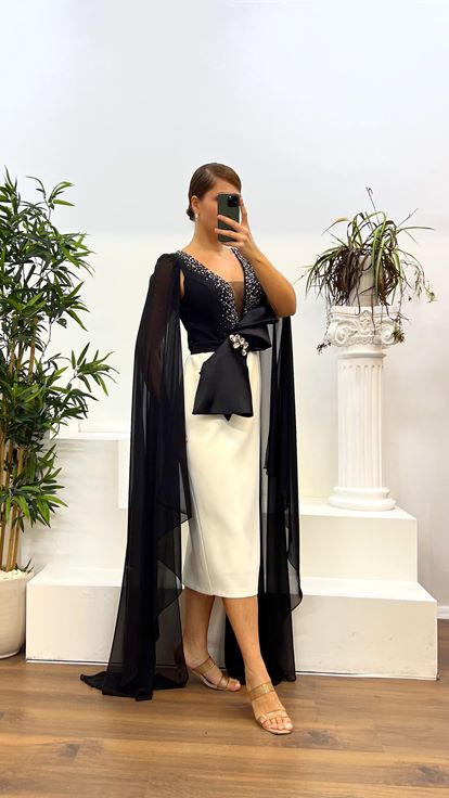 Abito da sera taglie forti con dettaglio manica longuette in osso nero