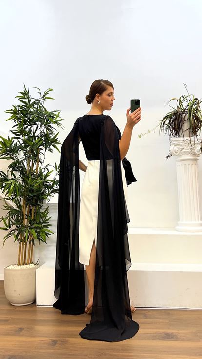 Abito da sera taglie forti con dettaglio manica longuette in osso nero