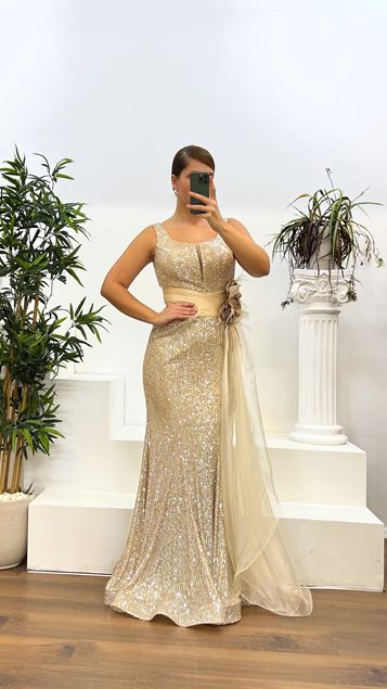 Gold Strap Waist Detail Sequined Plus Size Evening Dress