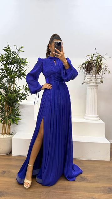 Saks Long Sleeve Draped Evening Dress