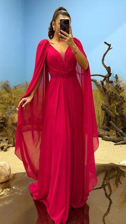 Fuchsia V-Neck Sleeve Detail Chiffon Evening Dress