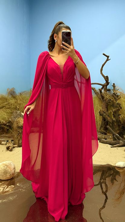 Fuchsia V-Neck Sleeve Detail Chiffon Evening Dress